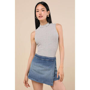 Lulus Definite Perfection Medium Wash Denim Faux Wrap Skort Blue - Size L